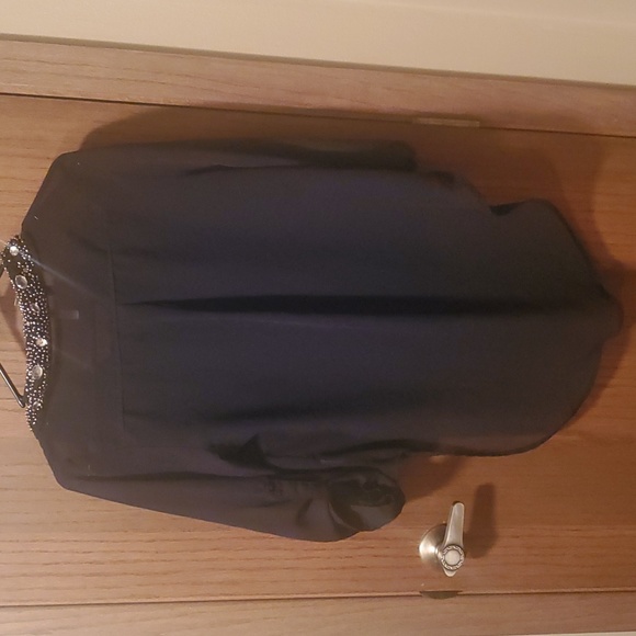 Size L Black Rhinestone See Through High-Low Button Down Blouse - Picture 3 of 3
